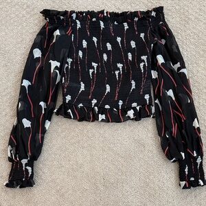 Caroline Constas Silk Floral Off-Shoulder Black Top, size Small